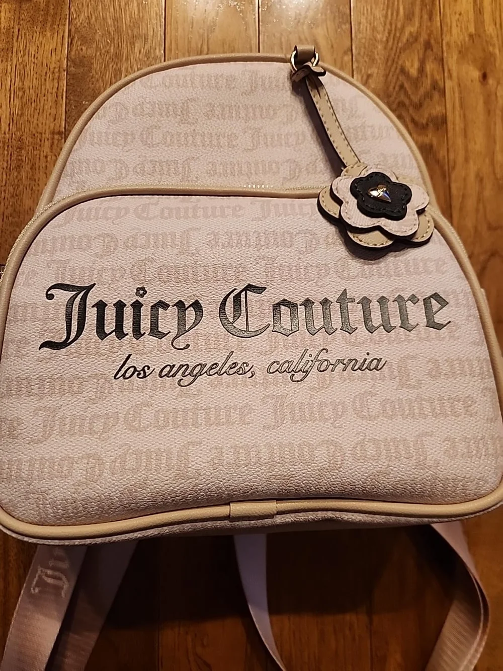 Juicy Couture Beige Logo Mini Backpack Flower Charm Y2K